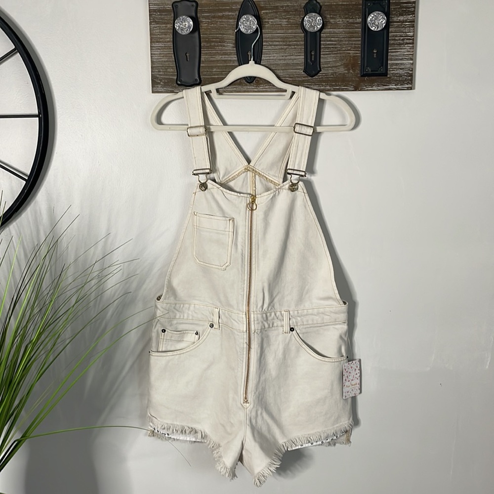 FREE PEOPLE NWT Denim Short Overalls Romper in Off White Size 12